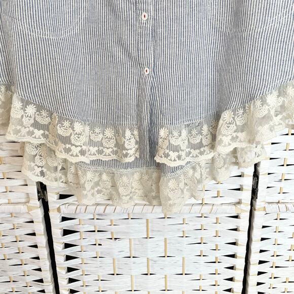 Umgee Button Down Tunic Womens Size L Striped Lace Trimmed Relaxed Casual - Picture 4 of 8